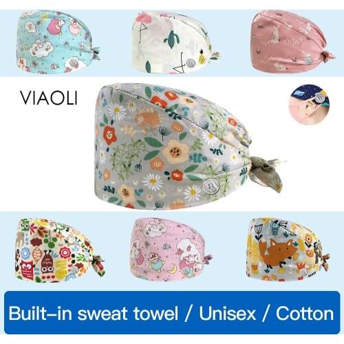 Viaoli cotton cute Floral cartoon printing Adjustable Scrubs Cap beauty pet shop work cap dust hat Scrub Cap Elastic size Hat