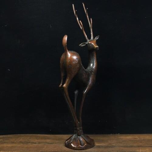 15"Chinese temple collection Old Bronze Cinnabar Lacquer Sika deer statue Office Ornaments Town House Exorcism