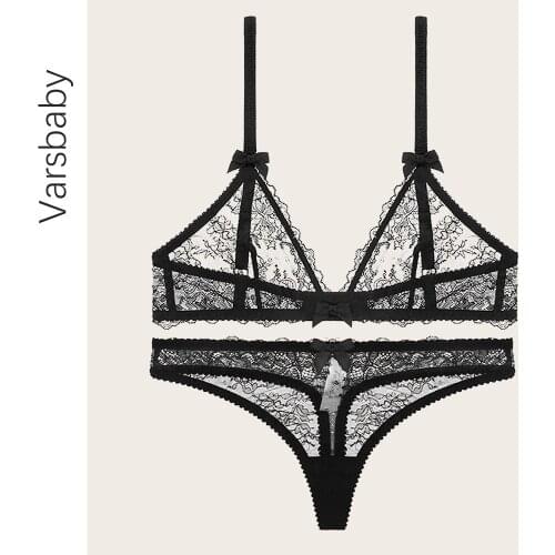 Varsbaby sexy ladies Flowers transparent lace bra set thong + bra two-piece black