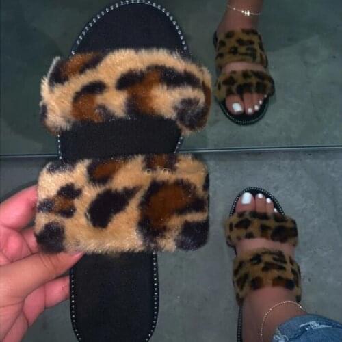 Leopard Fur Slippers Home Wild Hair Slippers Pink Warm Sandals Female 2020 New Streetwear Flip Flop Flat with Interior Slippers