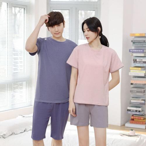Summer 95% Cotton Pajamas For Couples 2 Piece Set Short Sleeved T Shirt+Shorts Home Clothes Casual V Neck Homewear Pajamas Sets