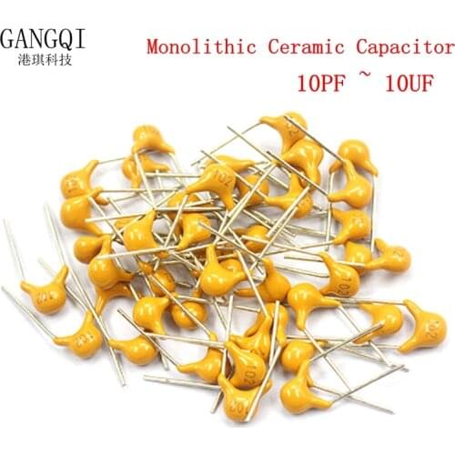 100pcs Multilayer ceramic capacitor 50V (100~106) 10pF~10uF 102 103 104 105 39 820pF 1 22 33 47 56 68 100 nF 0.01 0.1 uF P5.08mm