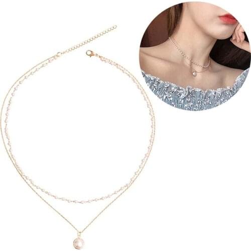 Fashion Women Faux Pearl Charm Beaded Double Layer Chain Choker Necklace Jewelry
