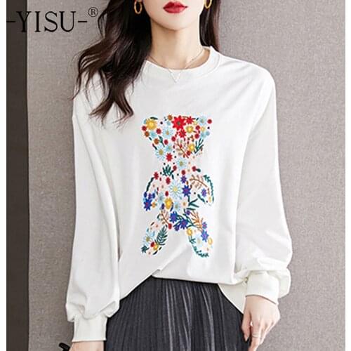 YISU Fashion Women Loose Sweater Autumn O-Neck Tops Bear printing Female Knitted pullover Long sleeve Jumper Women clothing 2021
