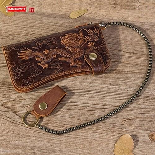 RFID Anti-theft Brush Mens Wallets Card Holder Wallet Male Dragon Tiger Carved Purse Clutch Bags Long Chain Crazy Horse Leather
