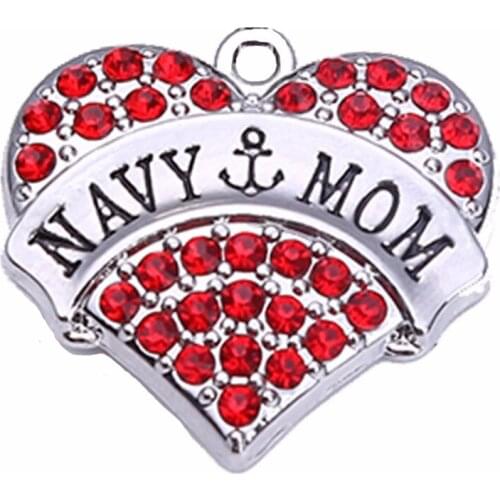 New Arrival Hot Selling 20 pcs a lot rhodium plated NAVY-MOM with red/pink/blue/white crystal heart pendant Drop Shipping