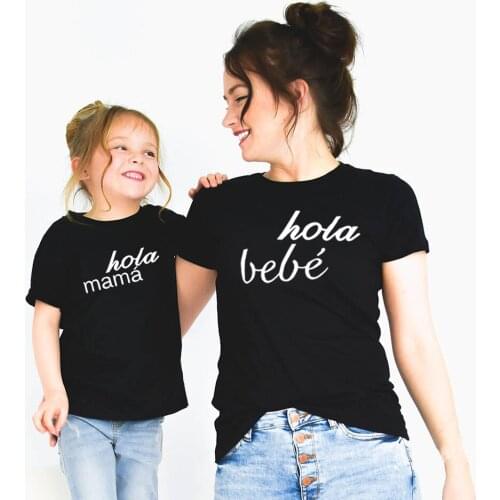 Hola Mama Hola Bebe Mummy and Me Black Teesummer Short Sleeve Matching Mother Daughter Son Clothes Kids and Moms Outfits
