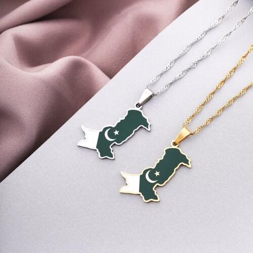 SONYA Pakistan Map & Flag Pendant Necklaces Stainless Steel and Silver Color/Gold Color Pakistani Ethnic Jewelry