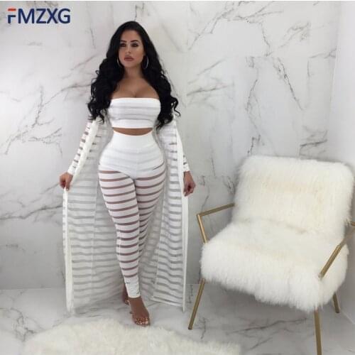 Perspective Sexy 3 Piece Set Women Cardigan Long Cloak Coat + Crop Tops + Pants Set Summer Outfits Three Piece Stripe Tracksuit