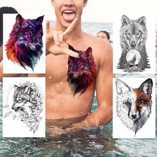 Realistic Large Wolf Temporary Tattoo Sticker For Men Body Chest Art Tatoo Diamond Wolf Totem Washable Women Tattoo Fox Paste