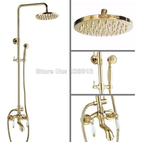 Gold Color Brass Luxury Dual Handles Rain Shower Faucet Set with Handheld Shower /Bathroom Wall Mounted Bathtub Mixer Tap Wgf422