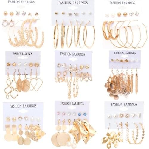 Stylish and simple Oversize golden electroplated earrings set 12 CARDS/LOT E-069