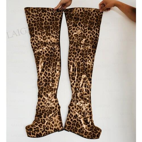 LAIGZEM SUPER Women Thigh High Boots Platform Wedges Back Zip Up Heeled Boots Over Knee Shiny Shoes Woman Large Size 41 44 50 52