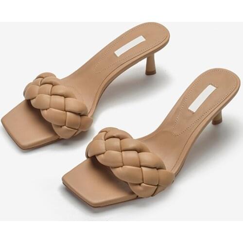 LMCAVASUN 2021 Korea Style New Summer Twist knitting Slippers For Women One word Sllide Sandals High heel