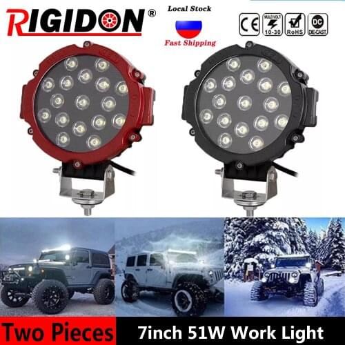 RIGIDON 2PCS Black/Red 51W 7inch Round Spot LED Work Light for Offroad Jeep SUV UTE ATV Truck Boat Headlight Driving Light