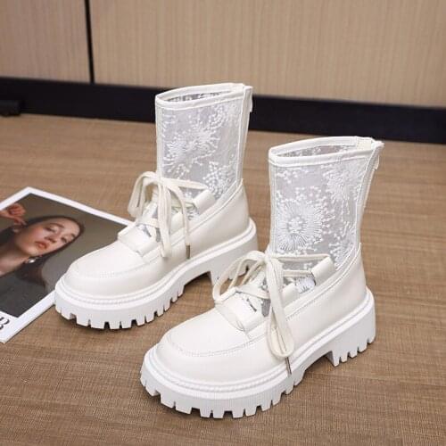 2021 Lace Mesh Martin Boots Summer Wear with Skirts Summer Thin Section Breathable Hollow Thick Bottom All-match British Style