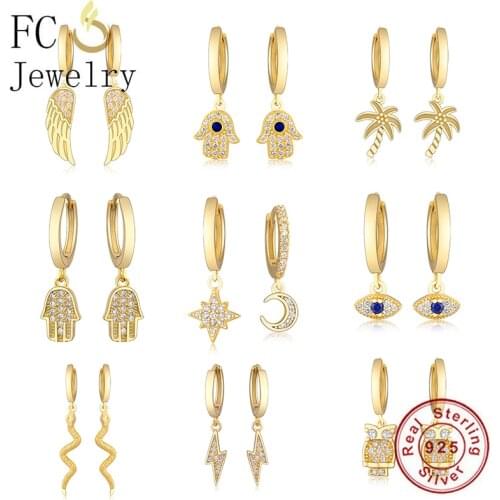 FC Jewelry Real 925 Silver Small Gold Color Plam Fatima Hamsa Hand Piercing Hoop Earring For Women Pendientes Boucle 2021 NEW
