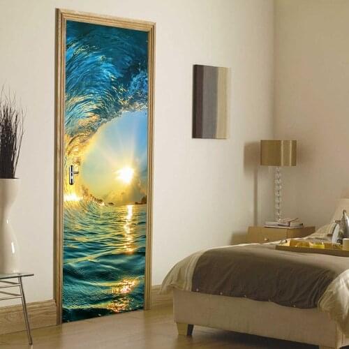 Funlife 3D Door Mural Sticker,Ocean Wave Door Sticker For Living Room Bedroom,PVC Self Adhesive Wallpaper Home Wall Mural Decal