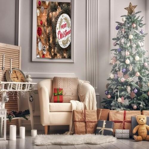 Tapestry Golden Ornaments Balls Fir Tree Branches Cones on Wooden Table Christmas Decoration Photo Red Beige