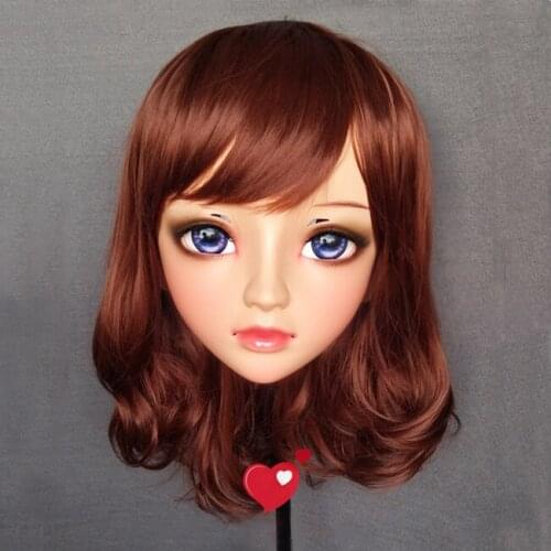Jun-01)Female Sweet Girl Resin Half Head Kigurumi BJD Eyes Crossdress Cosplay Japanese Anime Role Lolita Mask With Eyes And Wig