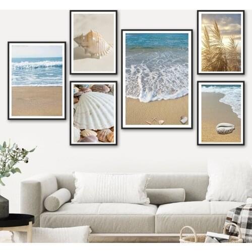 Sea Beach Wave Conch Shell Starfish Reed Wall Art Canvas Painting Nordic Posters And Prints Wall Pictures For Living Room Decor