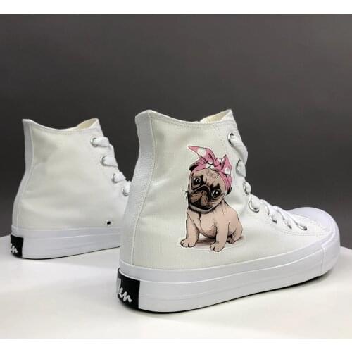 Wen Original Design Canvas Womens Shoes Pug Pet Dog Pink Headband Bowknot High Top Laced White Black Sneakers Mens Skateboard