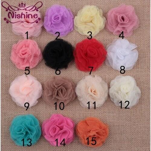 Nishine 30pcs/lot 2.4" Newborn Mini Crochet Shabby Chiffon Flower Fashion Tulle Mesh Flowers For Kids Headband Clip Accessoreis