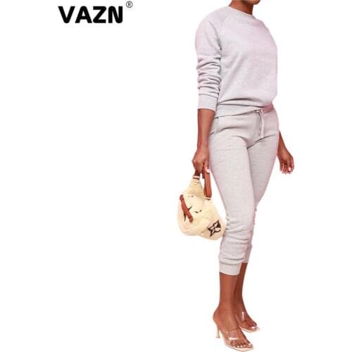 VAZN S-XXL 2020 New arrival 2-piece solid sexy women set full sleeve O-neck pullover T shirt ankle-length pants set casual sets