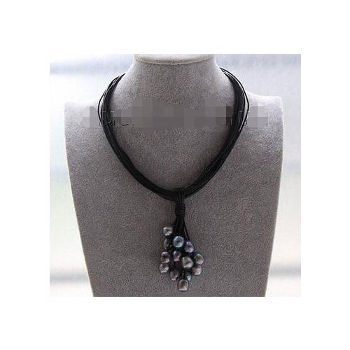 Free Shipping>> new hot Choker 18" 15row 14mm peacock black pearls Black leather Pendant necklace