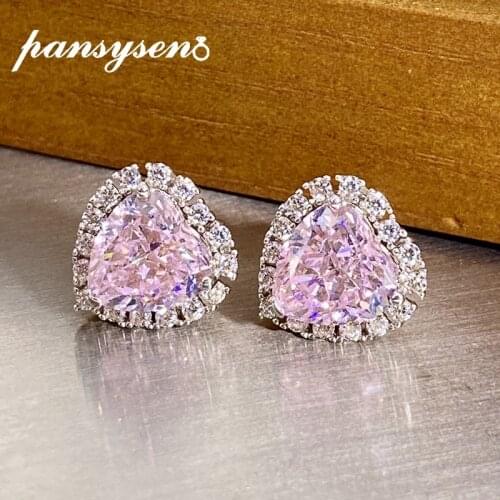 PANSYSEN Classic 100% 925 Sterling Silver Heart 5ct Pink Sapphire Simulated Moissanite Ear Stud Earrings Bridal Wedding Jewelry