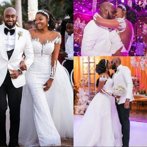 African Detachable Train Off Shoulder Mermaid Wedding Bridal Gown Plus Size Long Sleeve Illusion Lace Tulle Beads Wedding Dress