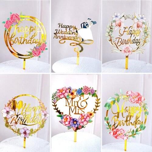 Ins Wedding Happy Birthday Cake Topper Cupcake Toppers Stand Baby Shower Mariage Anniversaire Baking Party Decorations Supplies