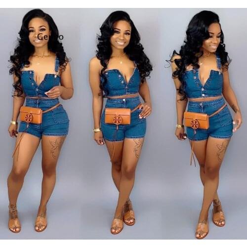 Sexy Denim Tracksuit Women Spaghetti Strap Crop Top and Jeans Shorts Female Fashion Bodycon Jeans Two Piece Set
