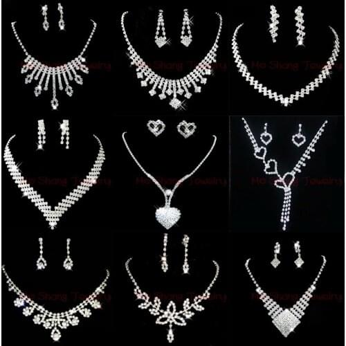 Rhinestone Crystal Silver Color Choker Necklace & Earrings for Women Rhinestone Statement Bridal Wedding Jewelry Sets Wholesale