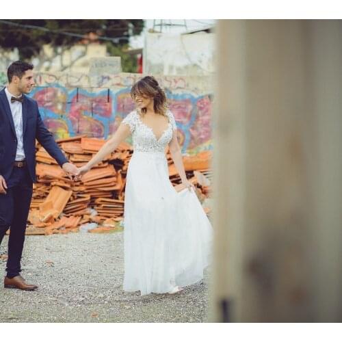 JIERUIZE Wedding Dresses Boho White Lace Short Sleeves Deep V-neck Button Back Illusion Bodice Bridal Gowns vestidos de noiva