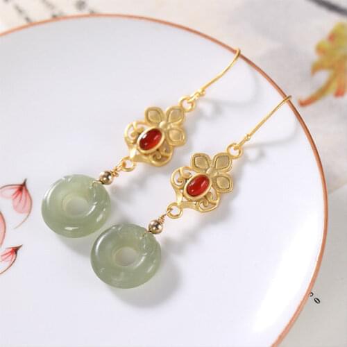 Gorgeous Luxury Court Style Earrings Ancient S925 Sterling Silver Gilding Hetian Jade Gray Jade Peace Buckle Eardrops Female Acc