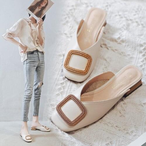 2020 Women Pumps Slippers Slip on Mules Low Heel Casual Shoes British Wooden Block Heels Summer Pumps Footwear