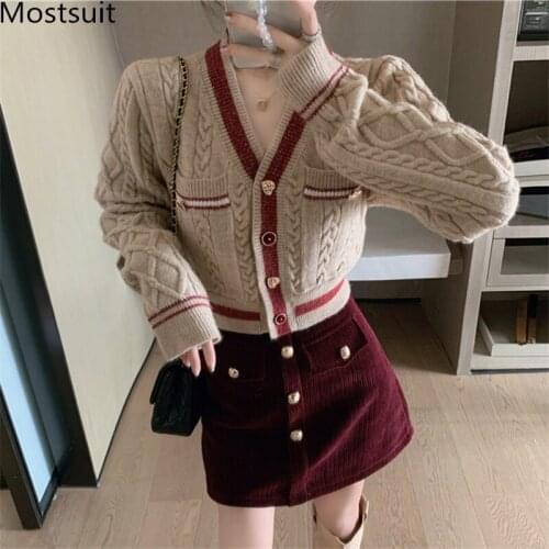 V-neck Striped Women Cardigan Jumper Single-breasted Full Sleeve Sweater Coat Vintage Elegant Korean Female Cardigan 2021 Autumn