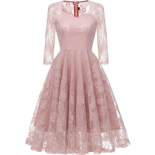 Embroidery Lace Dress Women Mesh Autumn Winter Three Quarter Sleeve Floral V Neck Wedding Elegant Party Dresses 2018 New