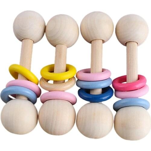 1PC Baby Teether Toys Beech Wooden Rattle Wood Teething Rodent Ring Silicone Beads Musical Chew Play Gym Montessori Stroller Toy