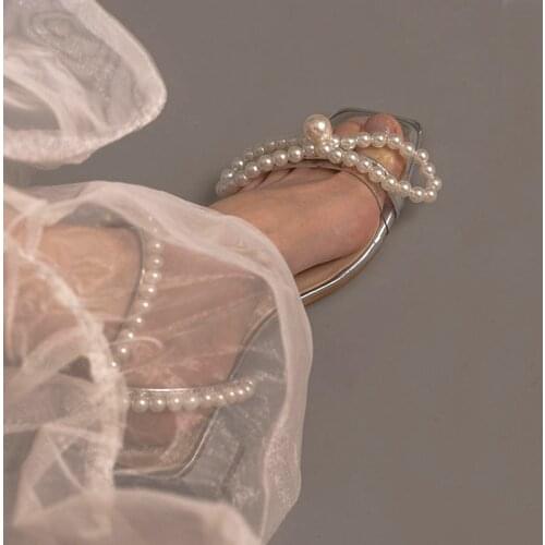 2021 Summer Luxury String Bead Bow Women Sandals Square Toe High Heels Women Stilettos Sexy Peep Toe Shoes Designer Sandals