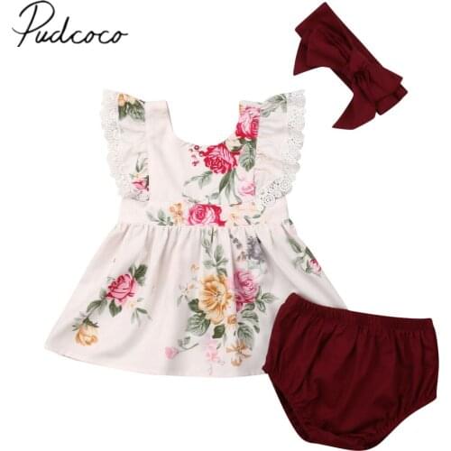 2019 Children Summer Clothing Toddler Baby Girls 3PCS Sets Clothes Floral Print Dress+Pants Shorts+Headband Outfit Sets 6M-3T