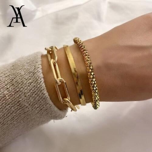 3 PCS Punk Gold Color Stacking Thick Chain Bracelet for Women Hip Hop Layered Geometric Snake Chain Bracelet Set Pulseras