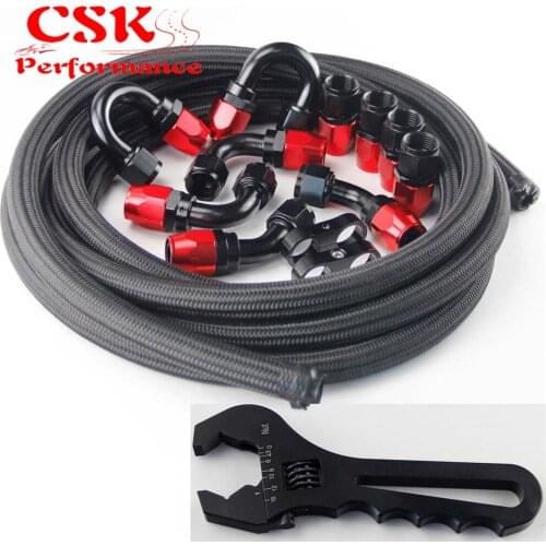 AN12 Stainless Steel/ Nylon Braided Oil Line / Hose +Fitting Hose End Adaptor w/ Wrench Tools Spanner Kit Silver/Black
