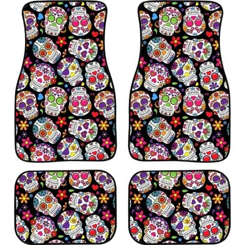 Car Floor Mats Set Of 4 Black Sugar Skull Print Universal Fit Front and Back Cat Mat Heavy Duty All Weather with Rubber Backing