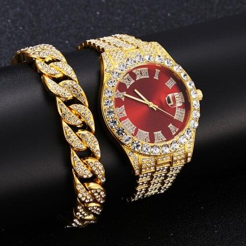 2 Pcs Watch+bracelet Hip Hop Stainless Steel Gold Color Calendar Watch For Men Iced Out Paved Rhinestones Men Watch Reloj Hombre