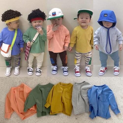 Children Autumn Clothes New Fashion Simple Loose Small Pockets Baby Boys Girls Newborn Thin Fleece Pullover Sweatshirt Outfits