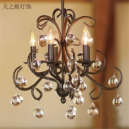 European style retro crystal chandelier black iron art simple living room bedroom dining room hanging lighting