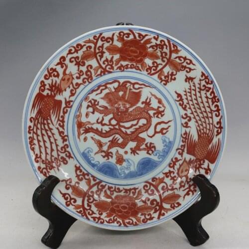 Antique MingDynasty porcelain plate,red dragon & phoenix dish,hand painted crafts,Decorations collection&Adornment,Free shipping