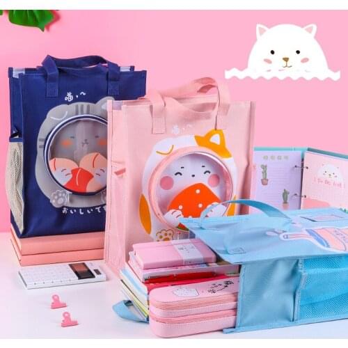 Cute Large Capacity Document Bag Office School File Folder Student Canvas Tutoring Notebook Tote Bag Cartoon Folder Stationery